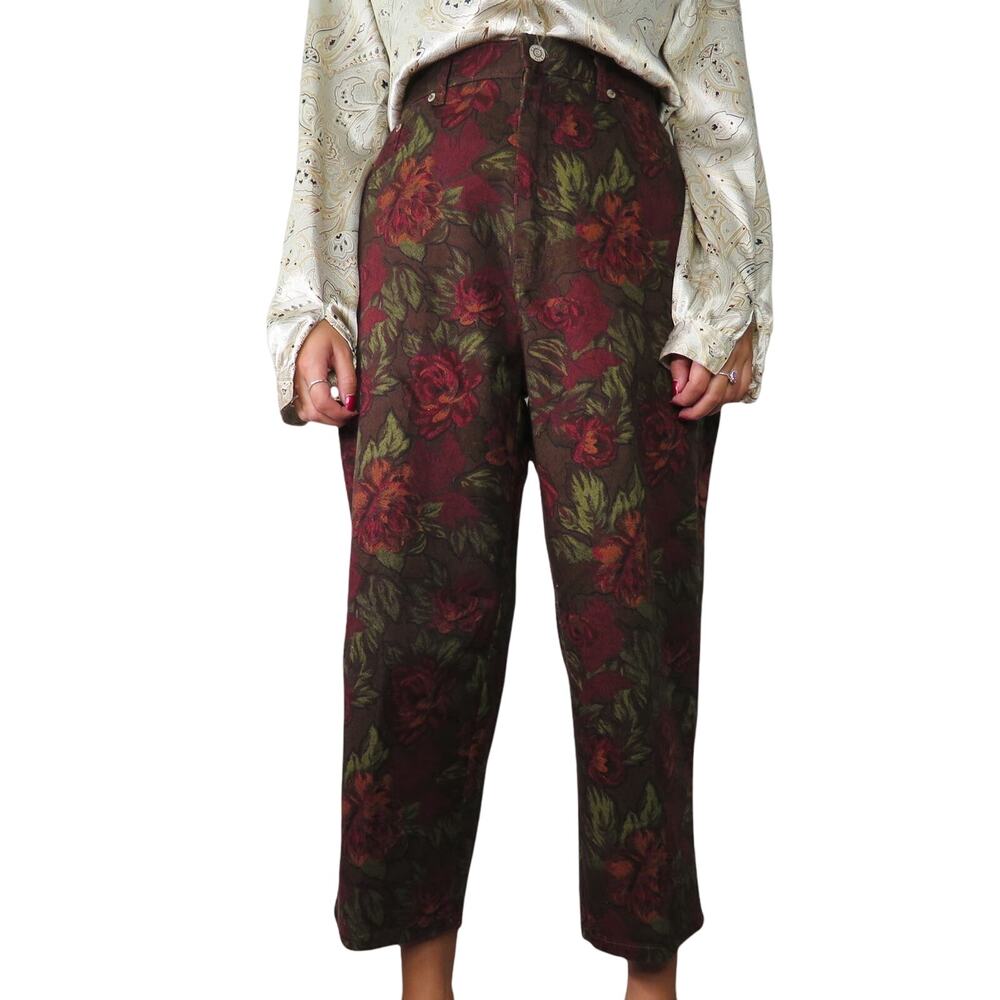 1990s Vintage Halston Floral High Rise Mom Jeans Straight Leg 30"